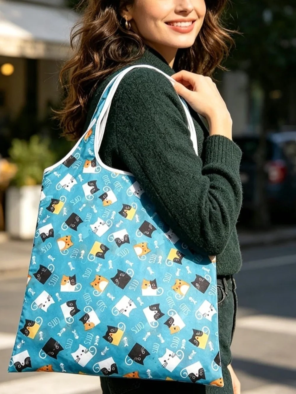 Reusable Cat-Print Tote Bag in Teal Blue - Lightweight Pet Lover Shopper